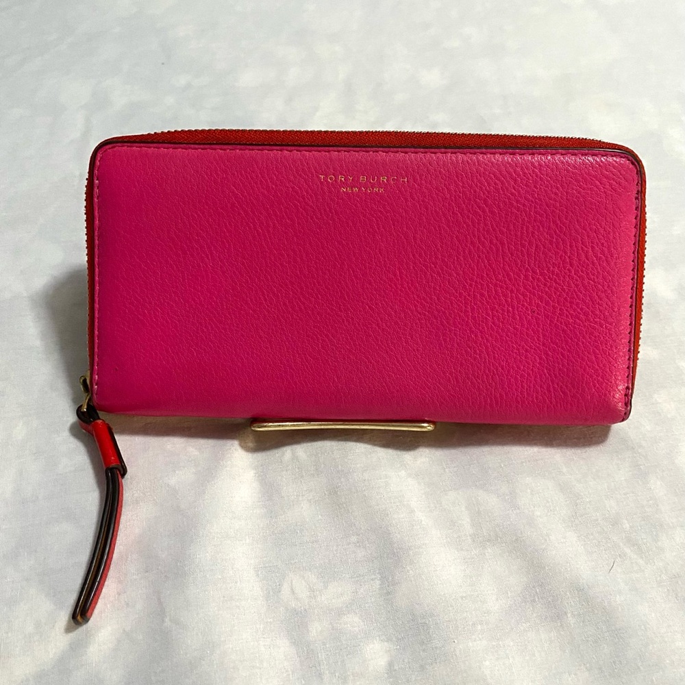 Tory Burch Perry Colorblock Fuchsia, Orange & Red Leather Wallet Vintage EUC